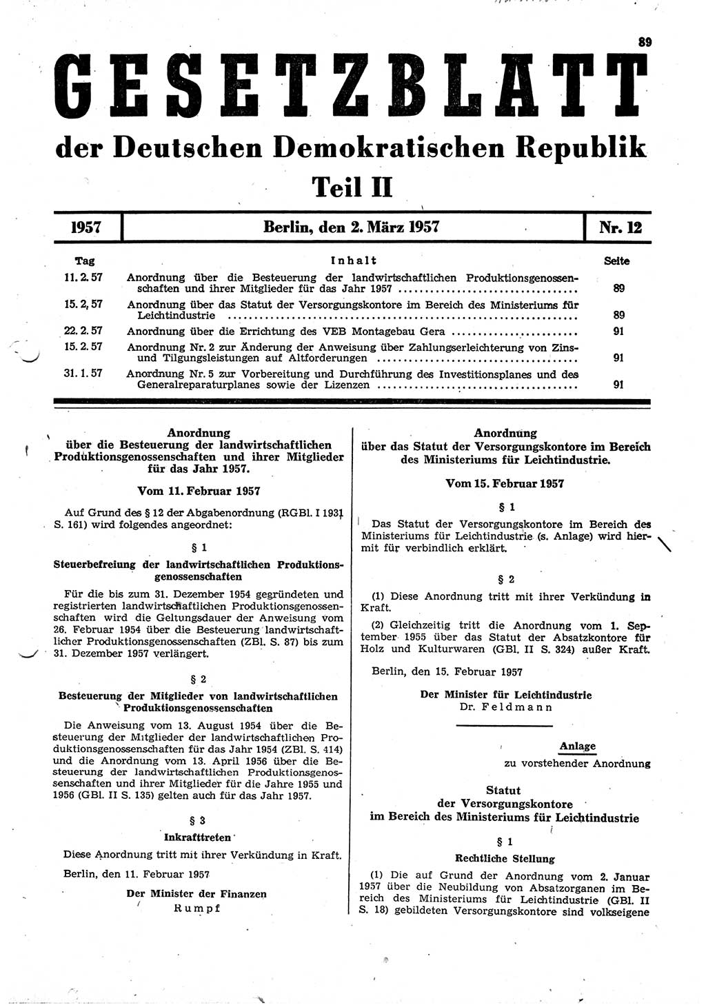 Gesetzblatt (GBl.) der Deutschen Demokratischen Republik (DDR) Teil ⅠⅠ 1957, Seite 89 (GBl. DDR ⅠⅠ 1957, S. 89)