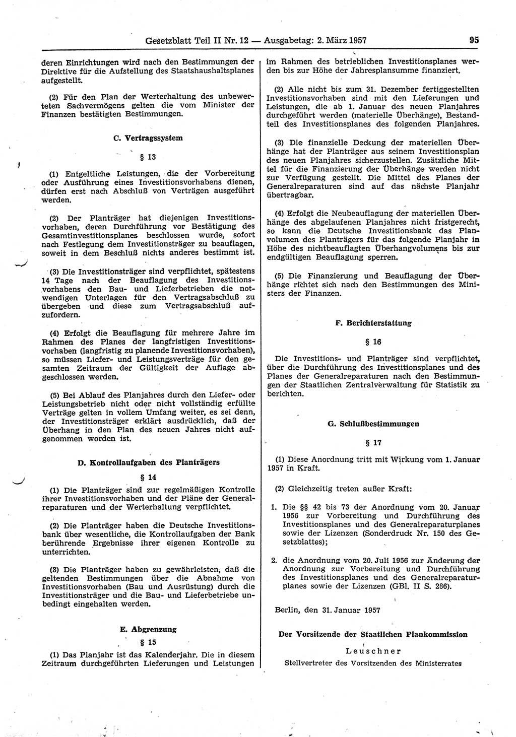 Gesetzblatt (GBl.) der Deutschen Demokratischen Republik (DDR) Teil ⅠⅠ 1957, Seite 95 (GBl. DDR ⅠⅠ 1957, S. 95)