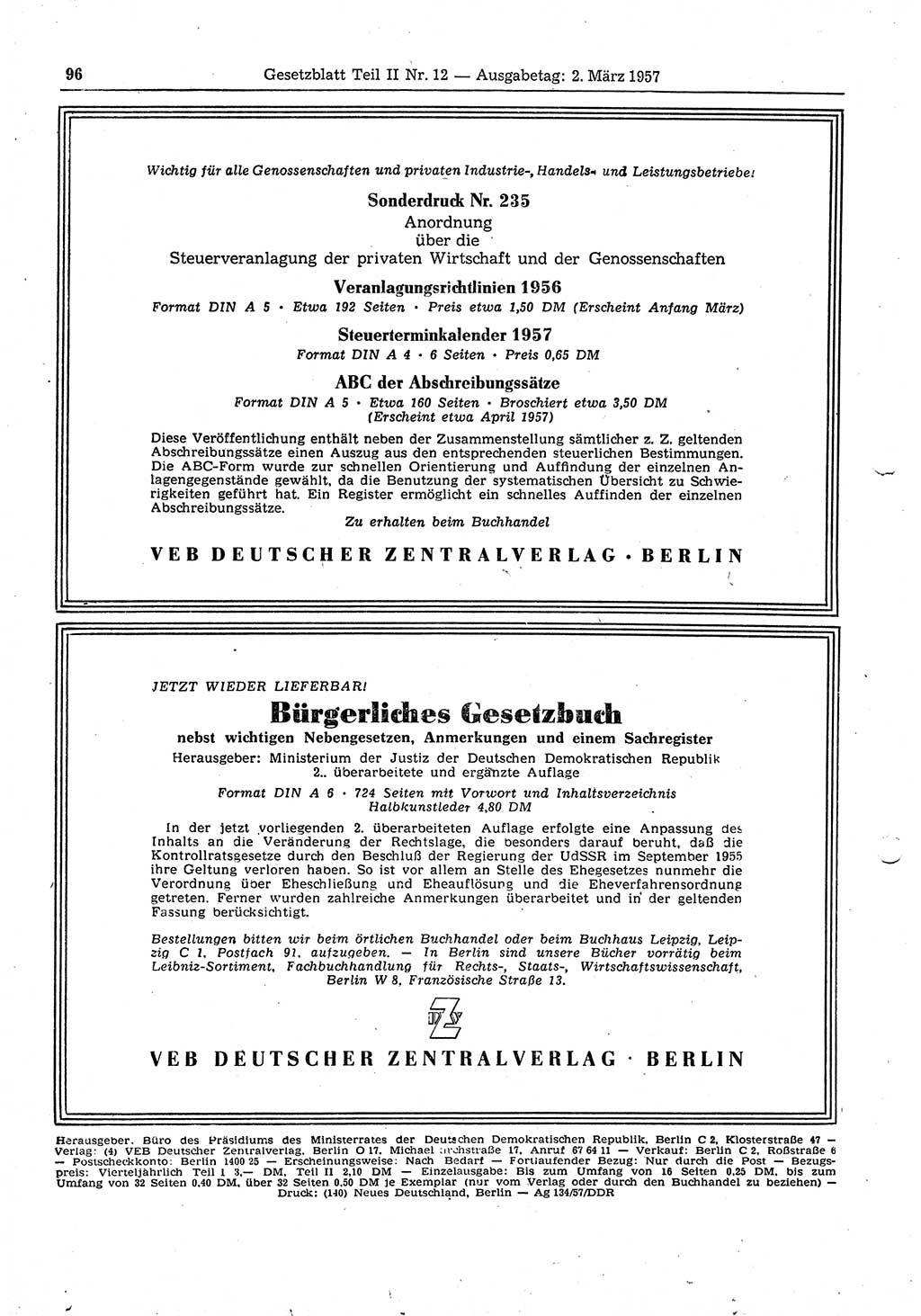 Gesetzblatt (GBl.) der Deutschen Demokratischen Republik (DDR) Teil ⅠⅠ 1957, Seite 96 (GBl. DDR ⅠⅠ 1957, S. 96)