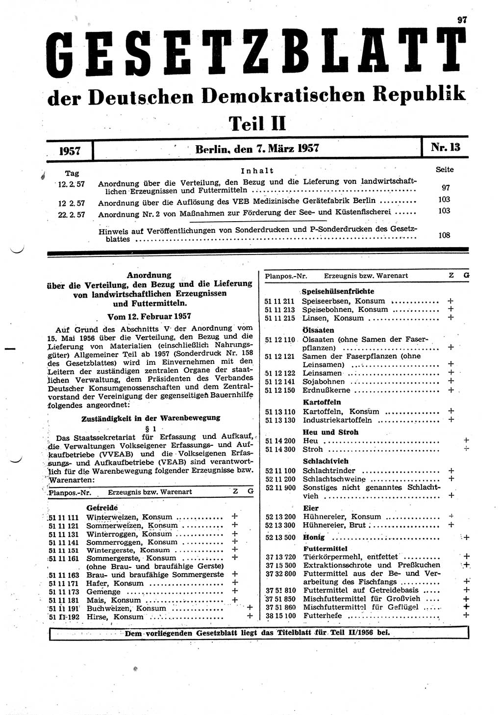 Gesetzblatt (GBl.) der Deutschen Demokratischen Republik (DDR) Teil ⅠⅠ 1957, Seite 97 (GBl. DDR ⅠⅠ 1957, S. 97)