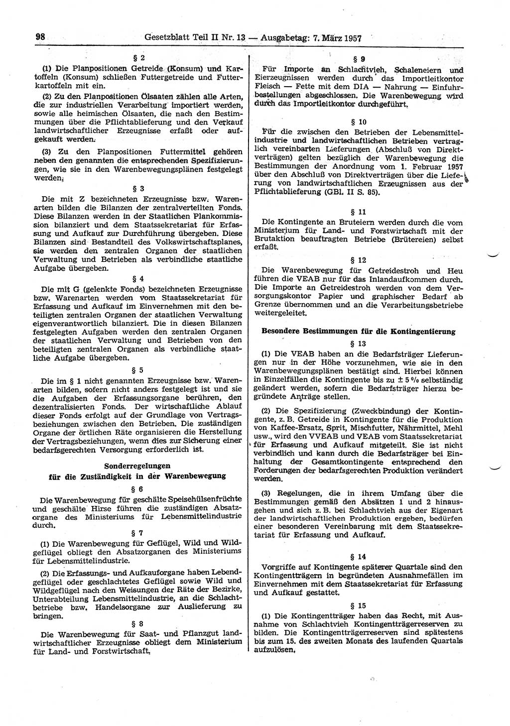 Gesetzblatt (GBl.) der Deutschen Demokratischen Republik (DDR) Teil ⅠⅠ 1957, Seite 98 (GBl. DDR ⅠⅠ 1957, S. 98)
