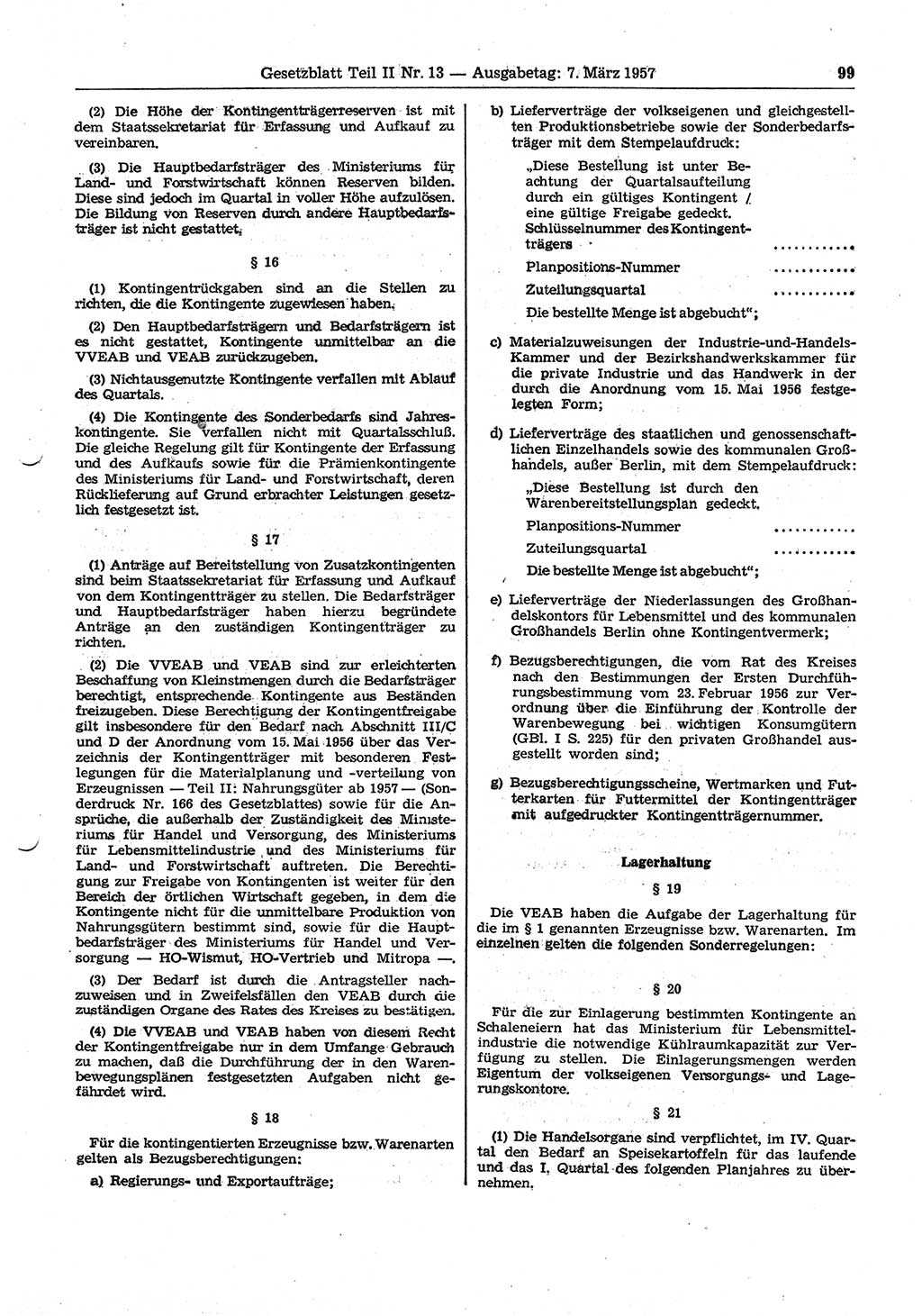 Gesetzblatt (GBl.) der Deutschen Demokratischen Republik (DDR) Teil ⅠⅠ 1957, Seite 99 (GBl. DDR ⅠⅠ 1957, S. 99)