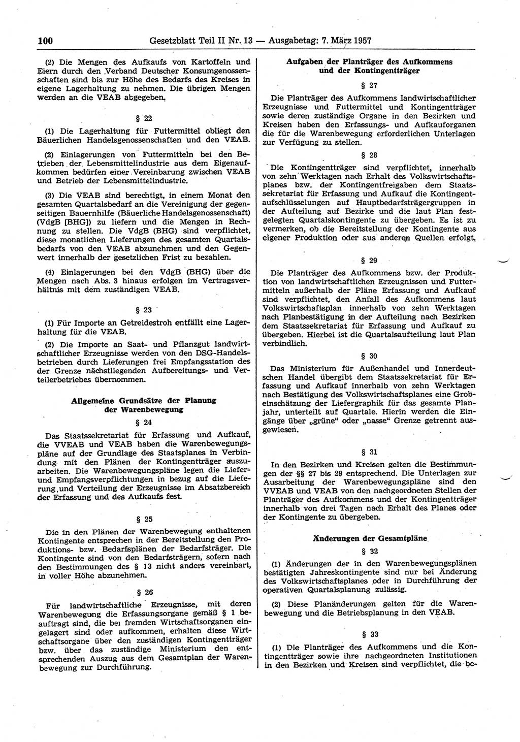 Gesetzblatt (GBl.) der Deutschen Demokratischen Republik (DDR) Teil ⅠⅠ 1957, Seite 100 (GBl. DDR ⅠⅠ 1957, S. 100)