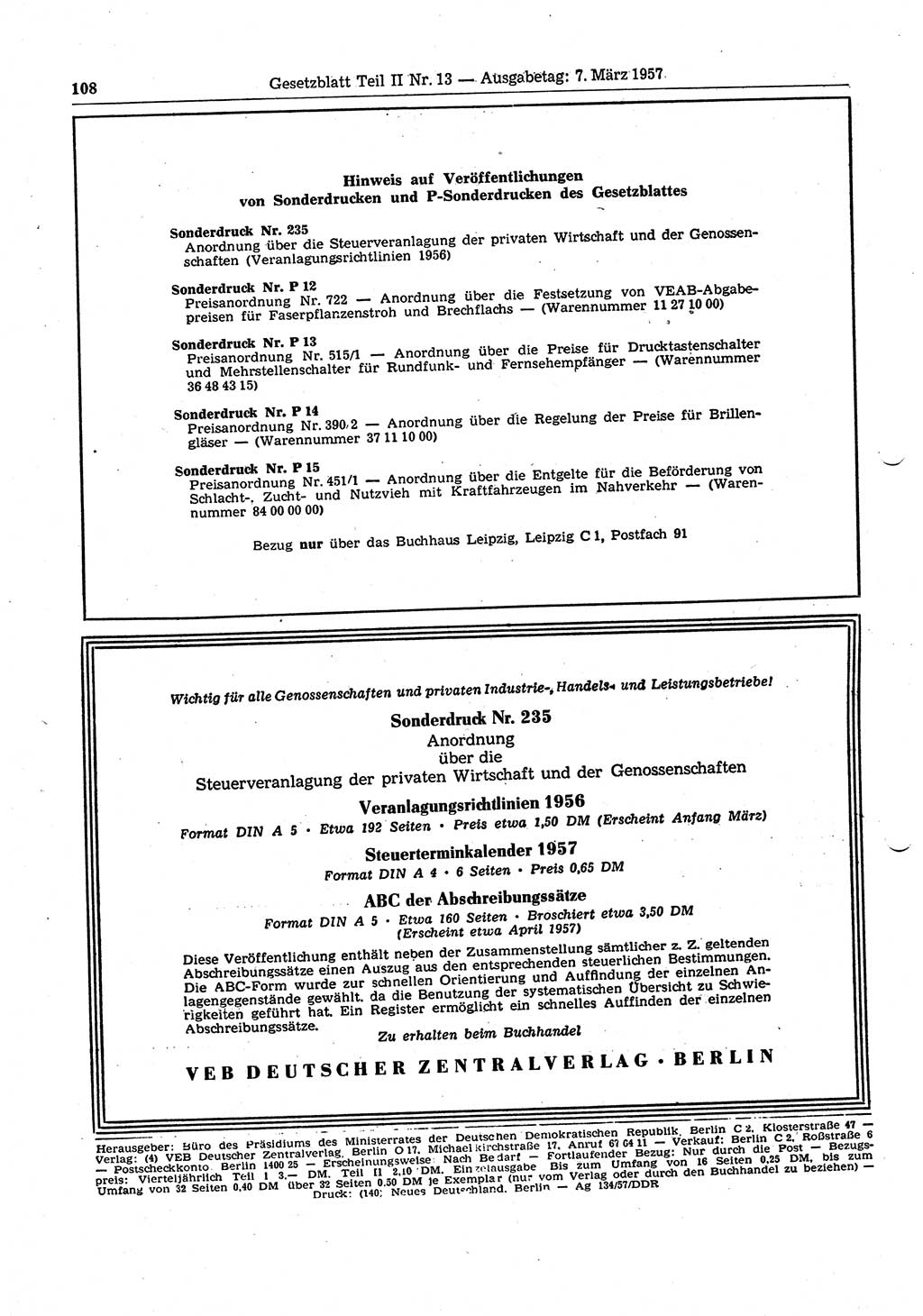Gesetzblatt (GBl.) der Deutschen Demokratischen Republik (DDR) Teil ⅠⅠ 1957, Seite 108 (GBl. DDR ⅠⅠ 1957, S. 108)