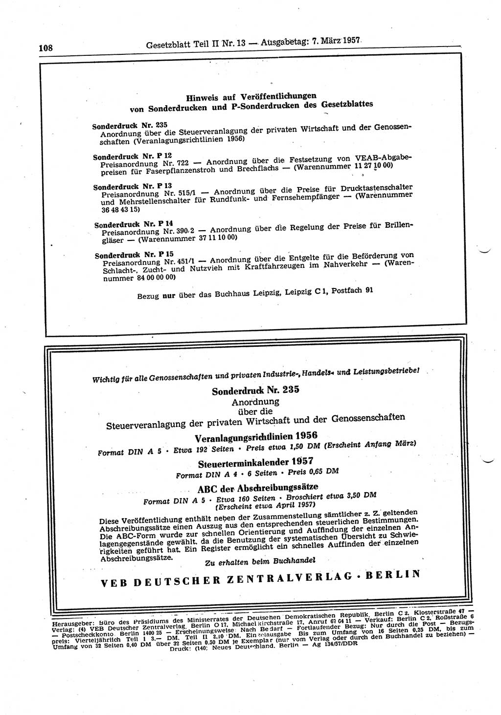 Gesetzblatt (GBl.) der Deutschen Demokratischen Republik (DDR) Teil ⅠⅠ 1957, Seite 108 (GBl. DDR ⅠⅠ 1957, S. 108)