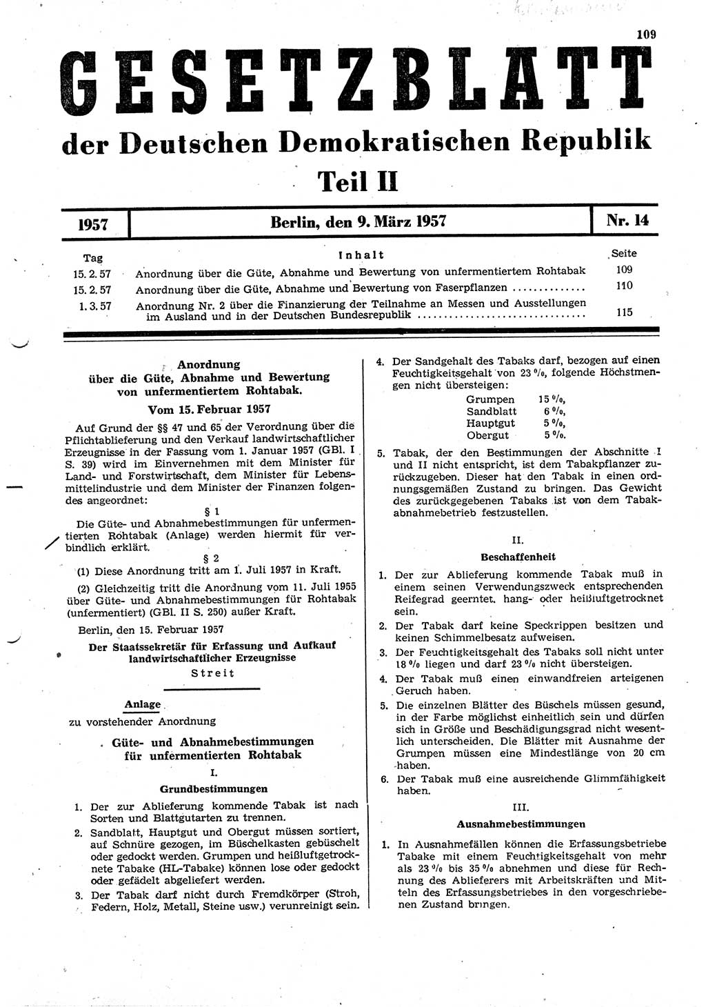 Gesetzblatt (GBl.) der Deutschen Demokratischen Republik (DDR) Teil ⅠⅠ 1957, Seite 109 (GBl. DDR ⅠⅠ 1957, S. 109)