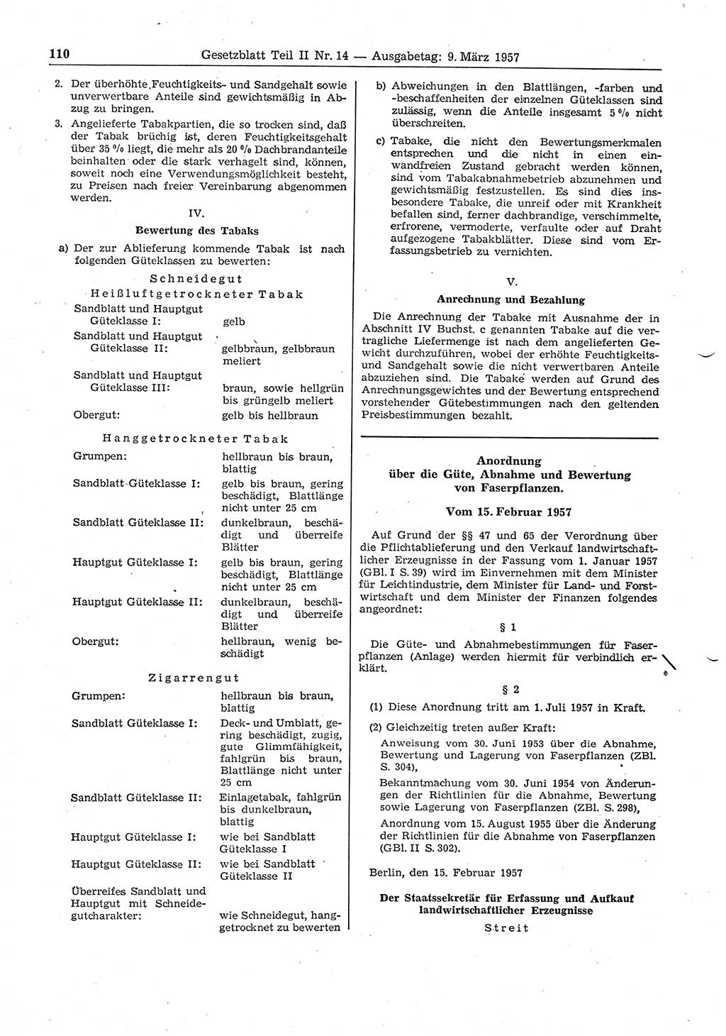 Gesetzblatt (GBl.) der Deutschen Demokratischen Republik (DDR) Teil ⅠⅠ 1957, Seite 110 (GBl. DDR ⅠⅠ 1957, S. 110)