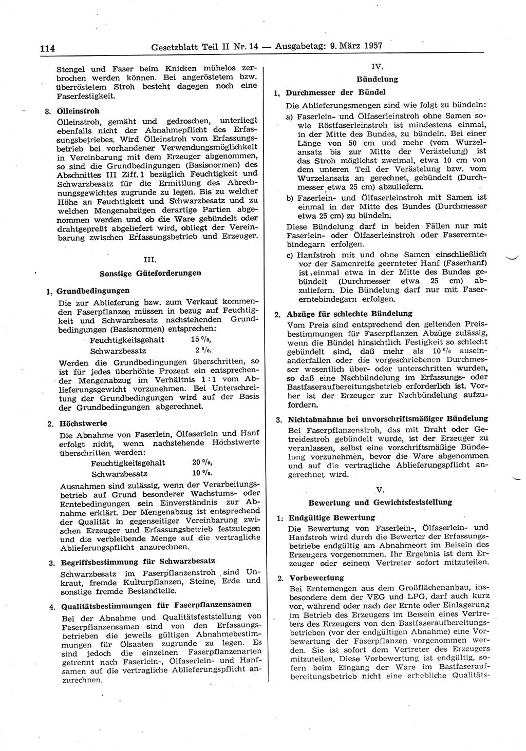 Gesetzblatt (GBl.) der Deutschen Demokratischen Republik (DDR) Teil ⅠⅠ 1957, Seite 114 (GBl. DDR ⅠⅠ 1957, S. 114)