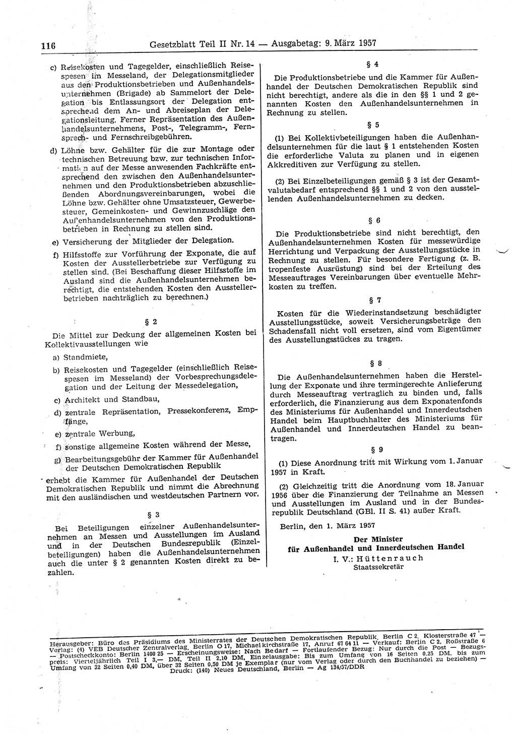 Gesetzblatt (GBl.) der Deutschen Demokratischen Republik (DDR) Teil ⅠⅠ 1957, Seite 116 (GBl. DDR ⅠⅠ 1957, S. 116)