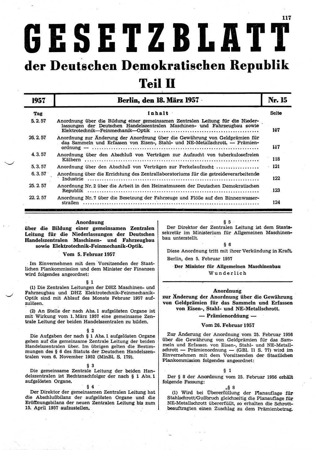 Gesetzblatt (GBl.) der Deutschen Demokratischen Republik (DDR) Teil ⅠⅠ 1957, Seite 117 (GBl. DDR ⅠⅠ 1957, S. 117)