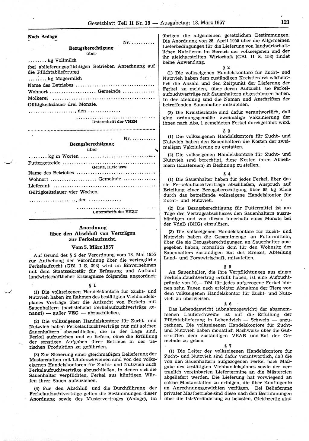 Gesetzblatt (GBl.) der Deutschen Demokratischen Republik (DDR) Teil ⅠⅠ 1957, Seite 121 (GBl. DDR ⅠⅠ 1957, S. 121)