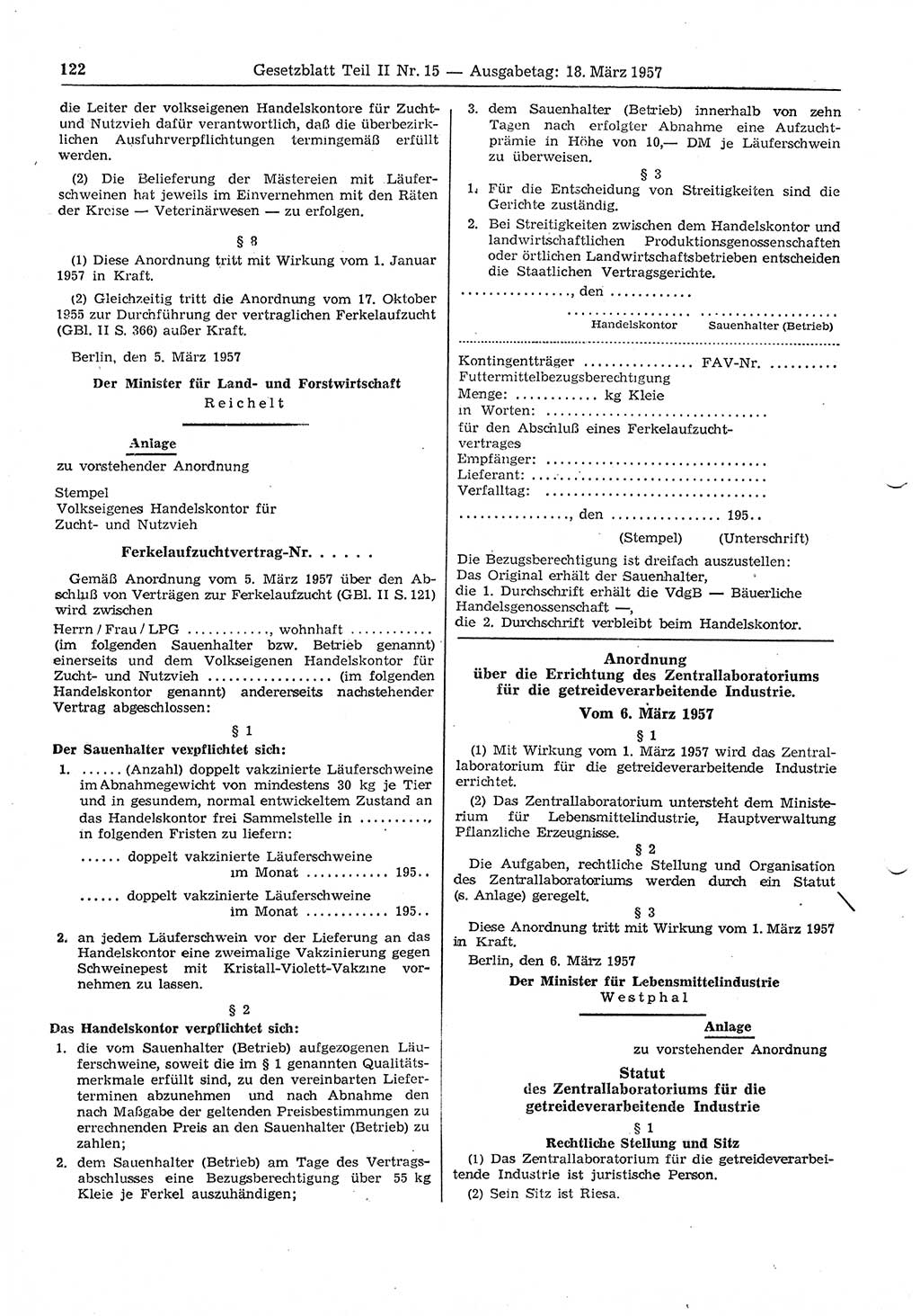 Gesetzblatt (GBl.) der Deutschen Demokratischen Republik (DDR) Teil ⅠⅠ 1957, Seite 122 (GBl. DDR ⅠⅠ 1957, S. 122)
