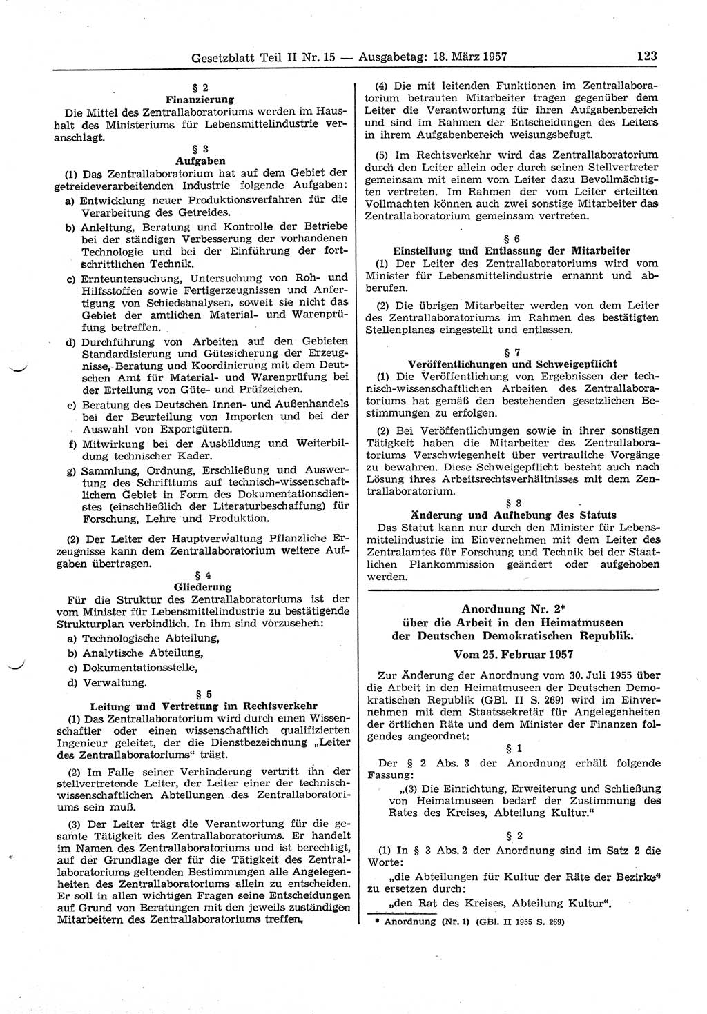 Gesetzblatt (GBl.) der Deutschen Demokratischen Republik (DDR) Teil ⅠⅠ 1957, Seite 123 (GBl. DDR ⅠⅠ 1957, S. 123)