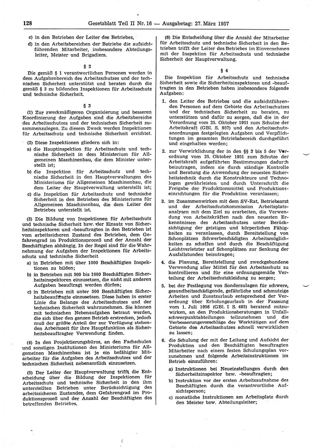 Gesetzblatt (GBl.) der Deutschen Demokratischen Republik (DDR) Teil ⅠⅠ 1957, Seite 128 (GBl. DDR ⅠⅠ 1957, S. 128)