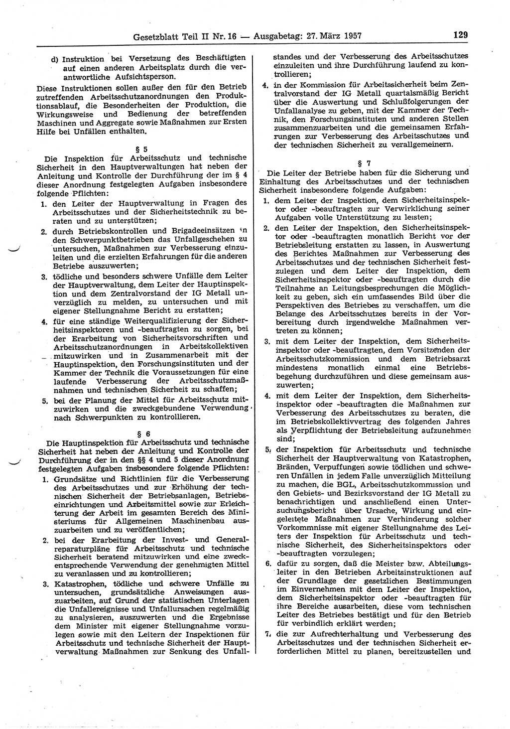 Gesetzblatt (GBl.) der Deutschen Demokratischen Republik (DDR) Teil ⅠⅠ 1957, Seite 129 (GBl. DDR ⅠⅠ 1957, S. 129)