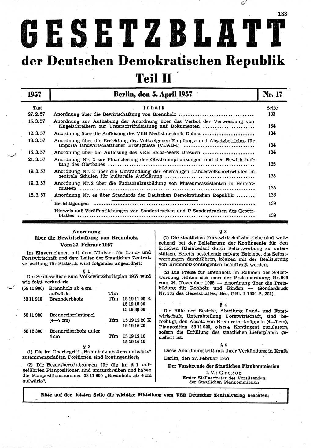 Gesetzblatt (GBl.) der Deutschen Demokratischen Republik (DDR) Teil ⅠⅠ 1957, Seite 133 (GBl. DDR ⅠⅠ 1957, S. 133)