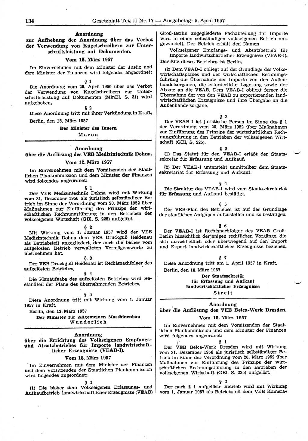 Gesetzblatt (GBl.) der Deutschen Demokratischen Republik (DDR) Teil ⅠⅠ 1957, Seite 134 (GBl. DDR ⅠⅠ 1957, S. 134)