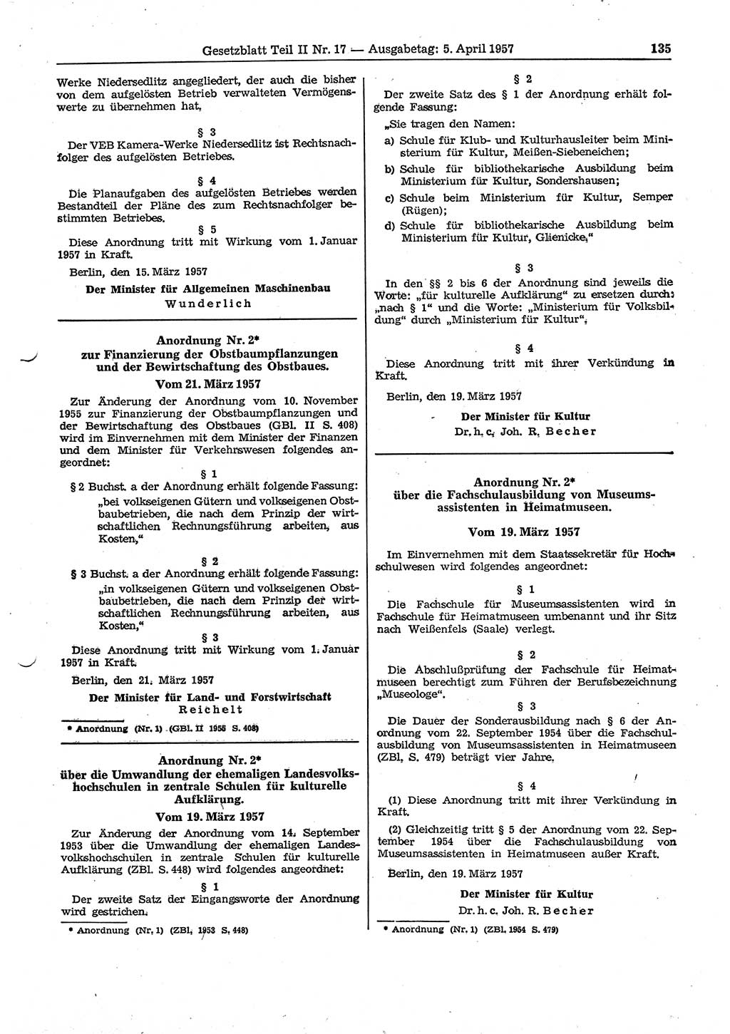 Gesetzblatt (GBl.) der Deutschen Demokratischen Republik (DDR) Teil ⅠⅠ 1957, Seite 135 (GBl. DDR ⅠⅠ 1957, S. 135)