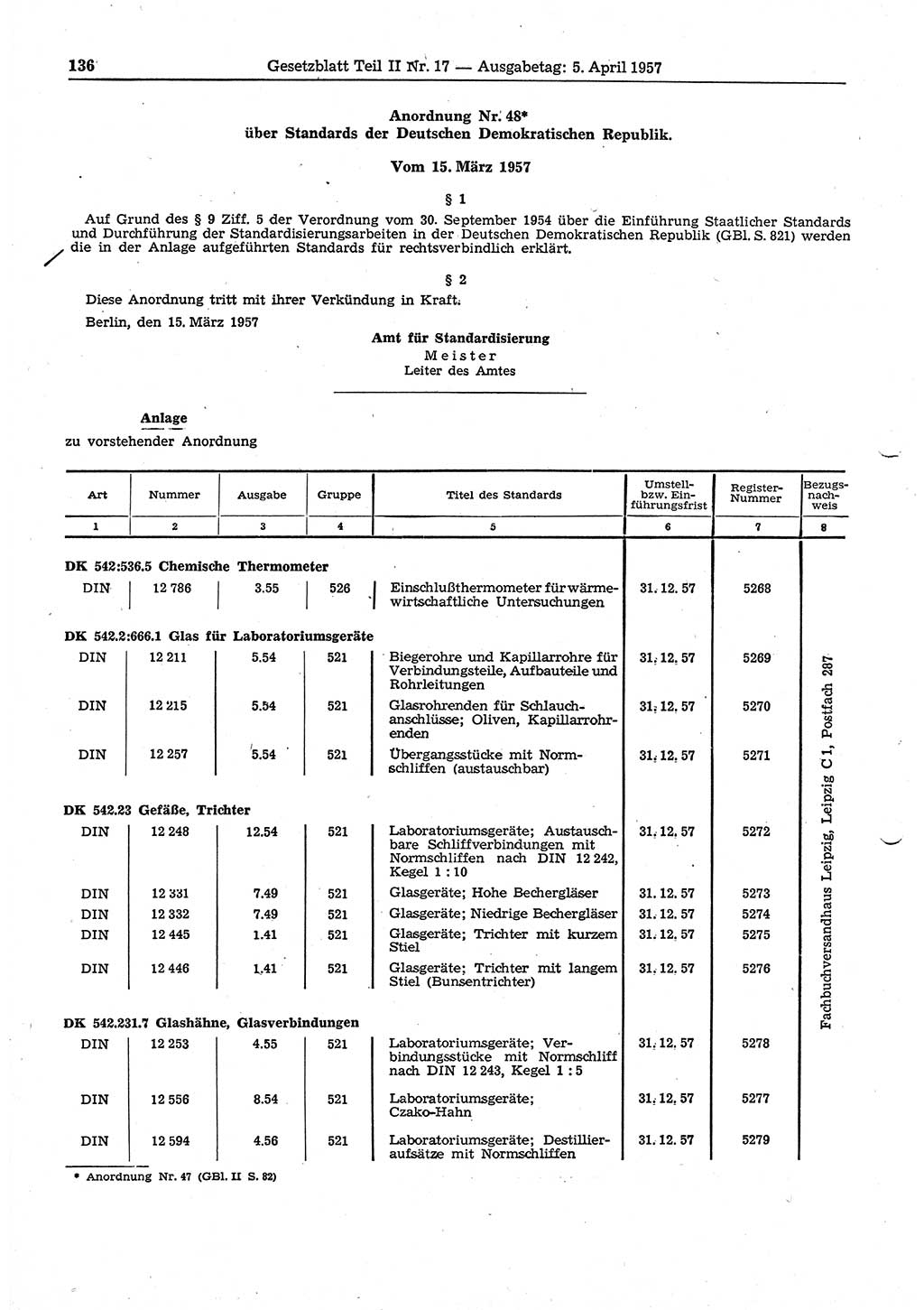 Gesetzblatt (GBl.) der Deutschen Demokratischen Republik (DDR) Teil ⅠⅠ 1957, Seite 136 (GBl. DDR ⅠⅠ 1957, S. 136)