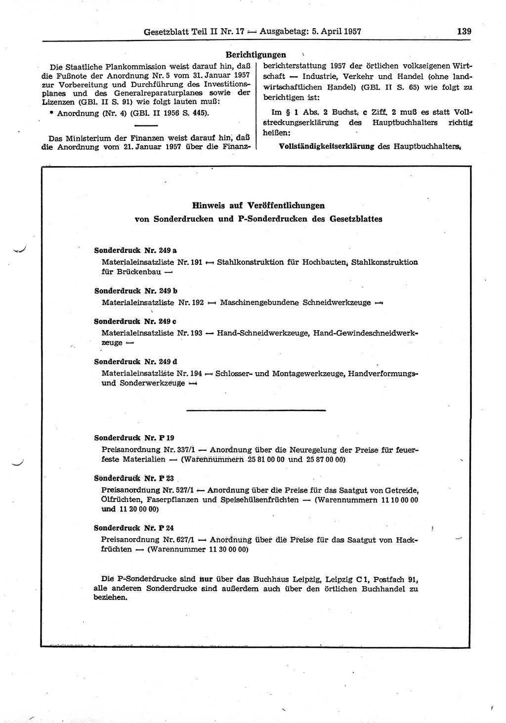 Gesetzblatt (GBl.) der Deutschen Demokratischen Republik (DDR) Teil ⅠⅠ 1957, Seite 139 (GBl. DDR ⅠⅠ 1957, S. 139)