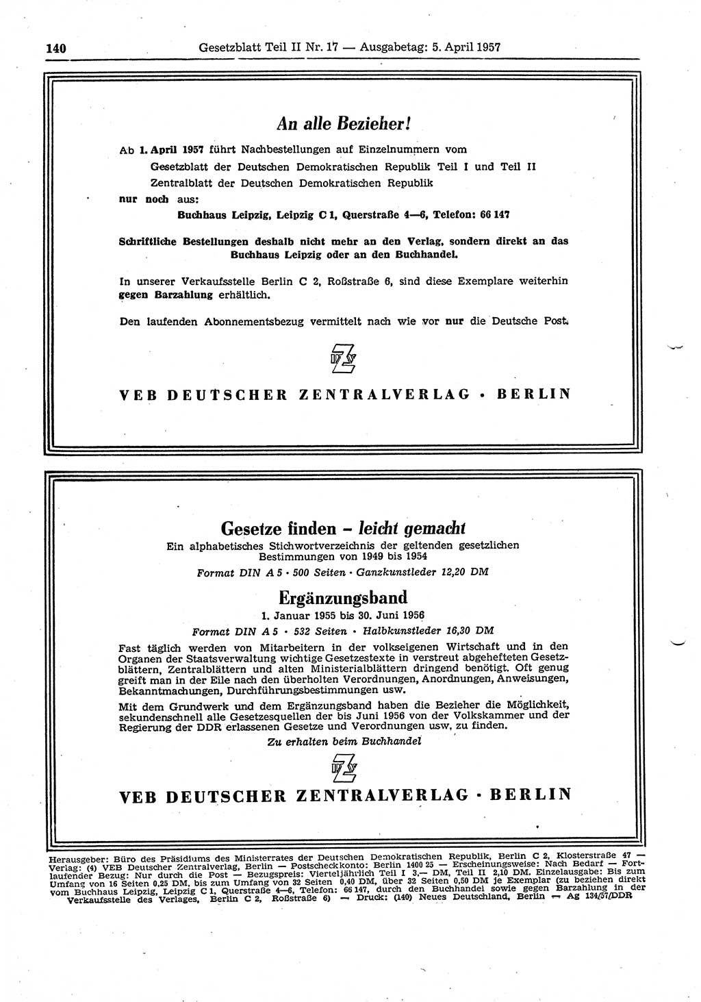 Gesetzblatt (GBl.) der Deutschen Demokratischen Republik (DDR) Teil ⅠⅠ 1957, Seite 140 (GBl. DDR ⅠⅠ 1957, S. 140)