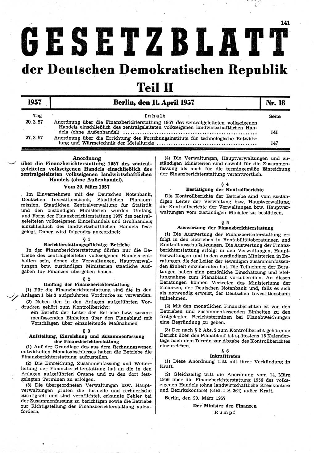 Gesetzblatt (GBl.) der Deutschen Demokratischen Republik (DDR) Teil ⅠⅠ 1957, Seite 141 (GBl. DDR ⅠⅠ 1957, S. 141)