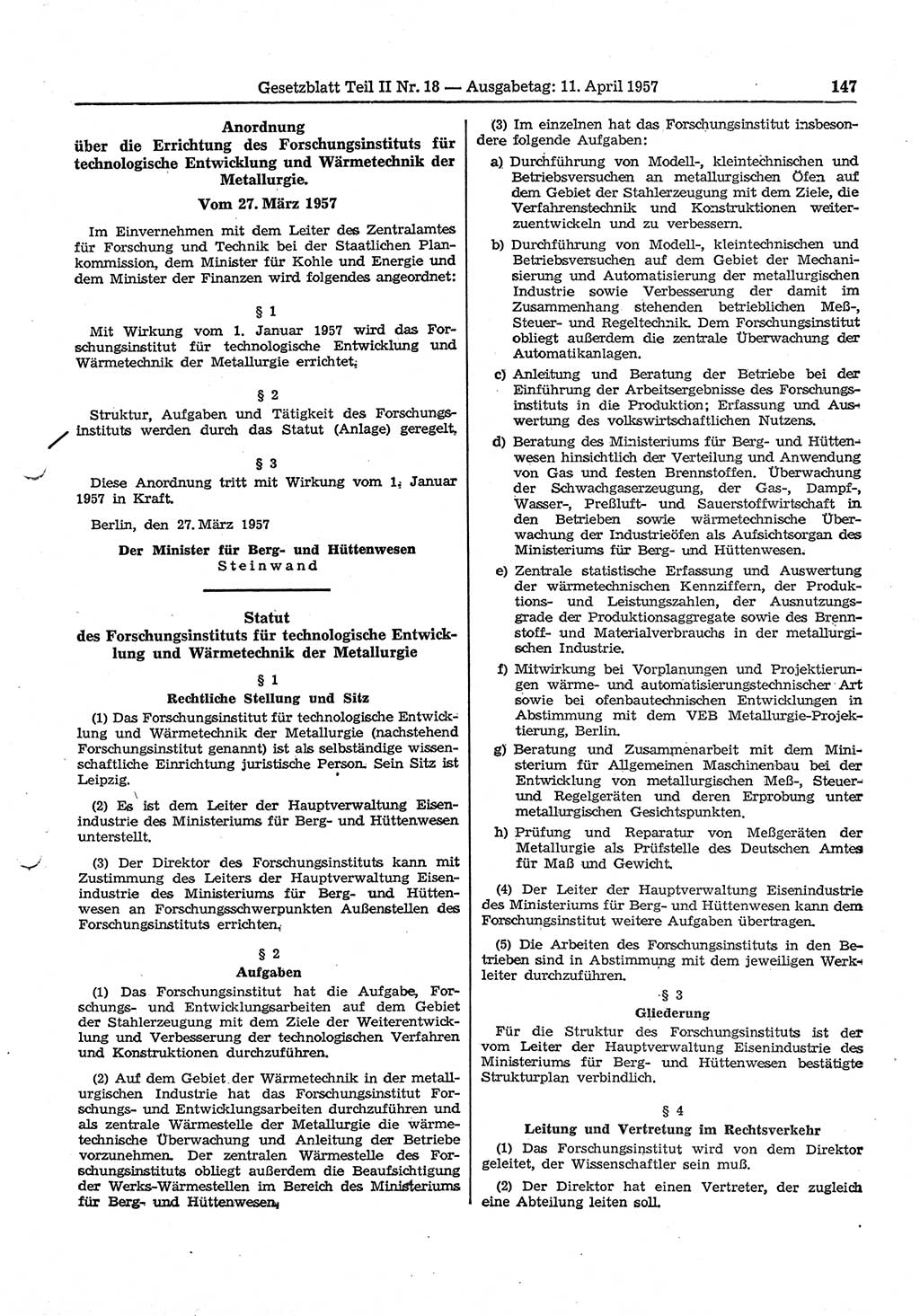 Gesetzblatt (GBl.) der Deutschen Demokratischen Republik (DDR) Teil ⅠⅠ 1957, Seite 147 (GBl. DDR ⅠⅠ 1957, S. 147)