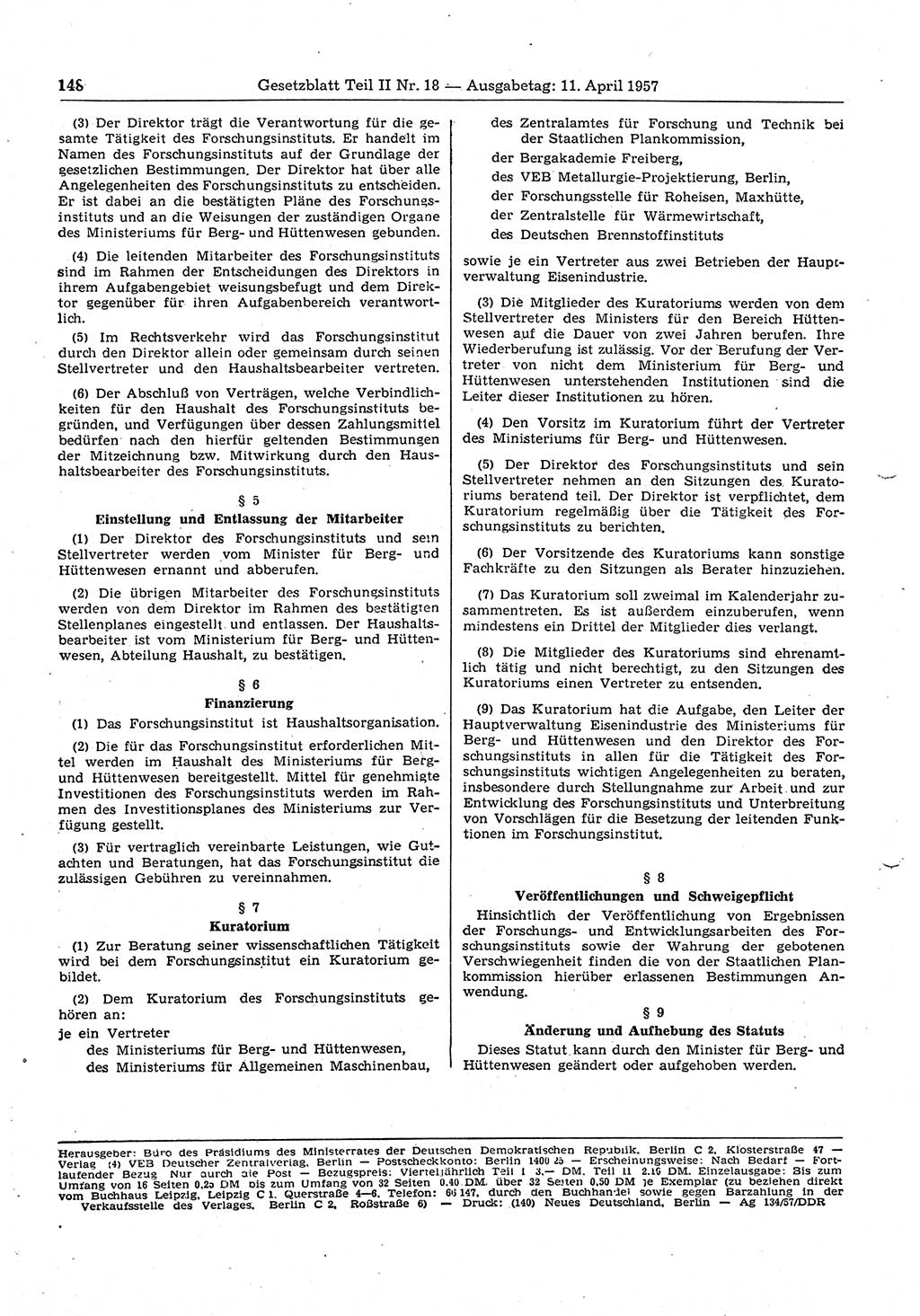 Gesetzblatt (GBl.) der Deutschen Demokratischen Republik (DDR) Teil ⅠⅠ 1957, Seite 148 (GBl. DDR ⅠⅠ 1957, S. 148)