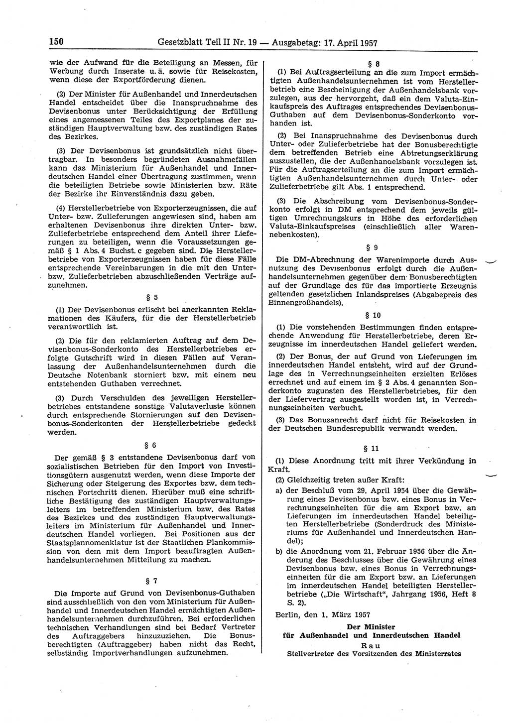 Gesetzblatt (GBl.) der Deutschen Demokratischen Republik (DDR) Teil ⅠⅠ 1957, Seite 150 (GBl. DDR ⅠⅠ 1957, S. 150)
