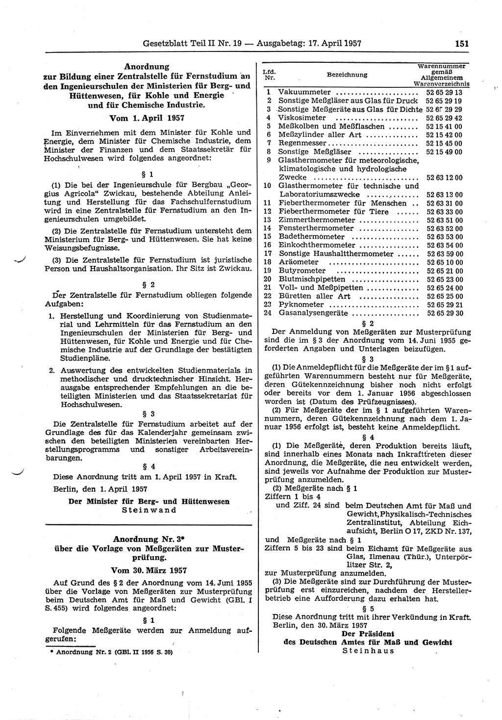 Gesetzblatt (GBl.) der Deutschen Demokratischen Republik (DDR) Teil ⅠⅠ 1957, Seite 151 (GBl. DDR ⅠⅠ 1957, S. 151)