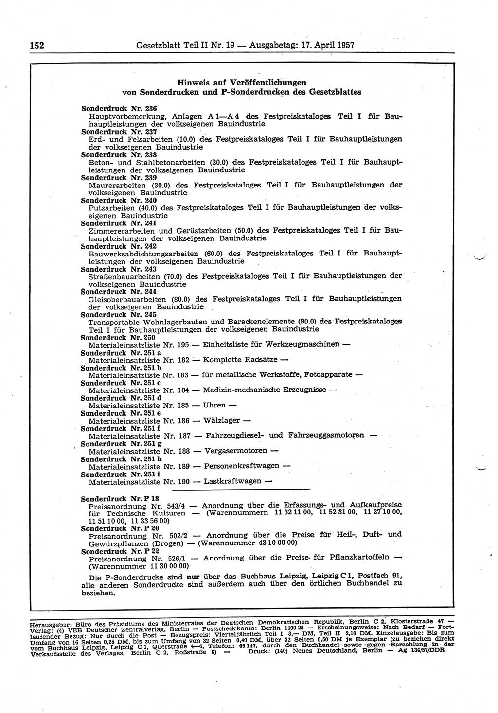 Gesetzblatt (GBl.) der Deutschen Demokratischen Republik (DDR) Teil ⅠⅠ 1957, Seite 152 (GBl. DDR ⅠⅠ 1957, S. 152)