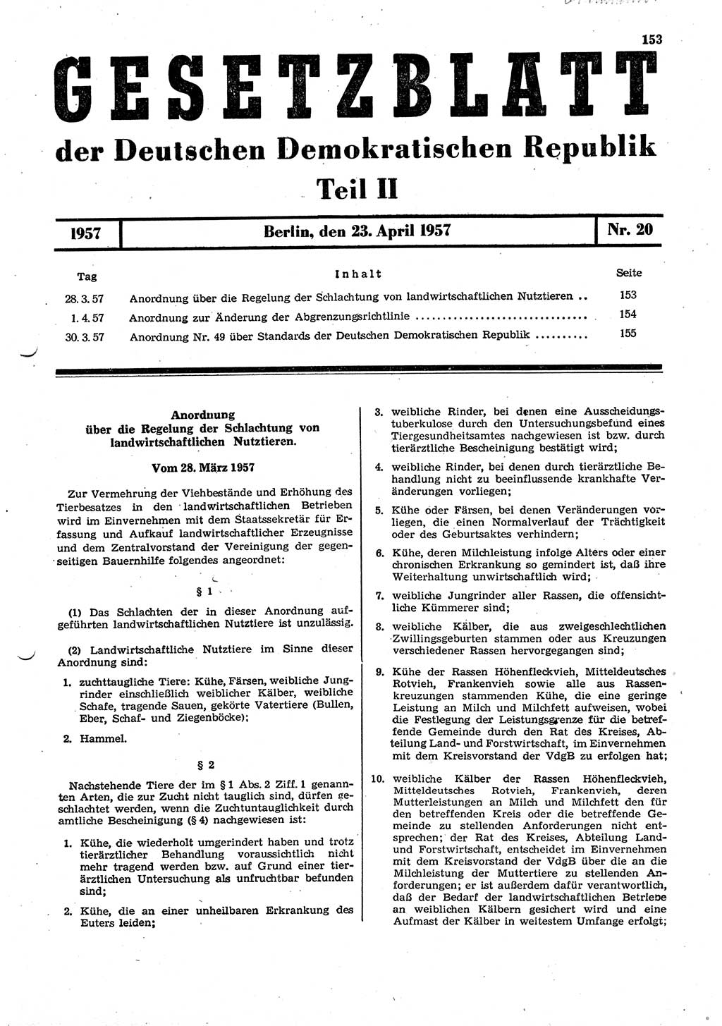 Gesetzblatt (GBl.) der Deutschen Demokratischen Republik (DDR) Teil ⅠⅠ 1957, Seite 153 (GBl. DDR ⅠⅠ 1957, S. 153)