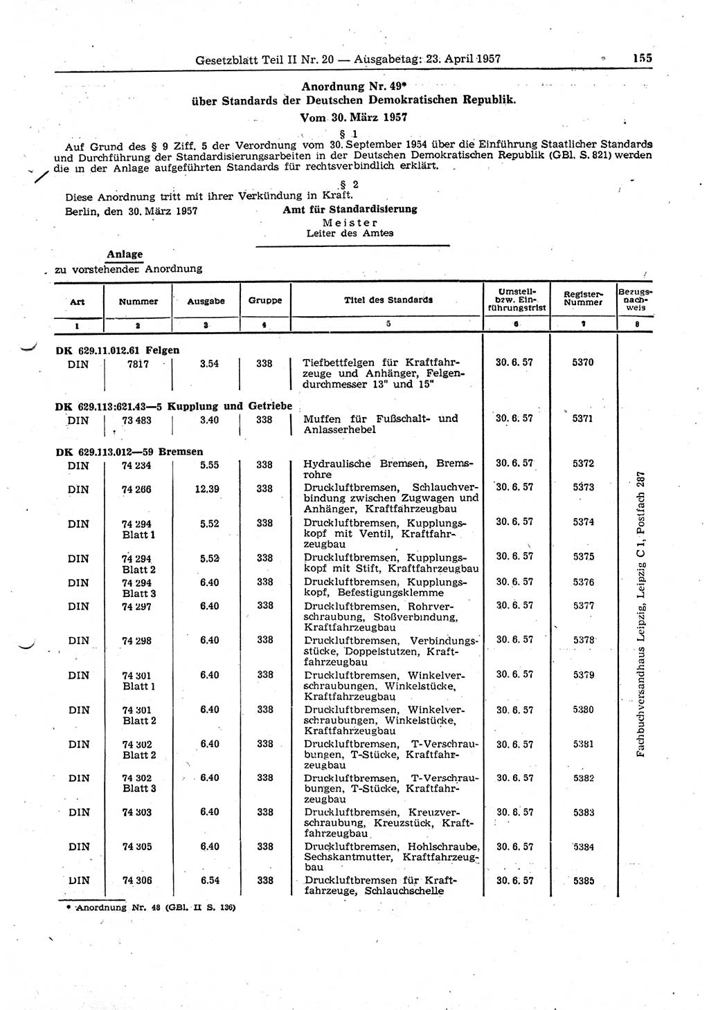 Gesetzblatt (GBl.) der Deutschen Demokratischen Republik (DDR) Teil ⅠⅠ 1957, Seite 155 (GBl. DDR ⅠⅠ 1957, S. 155)