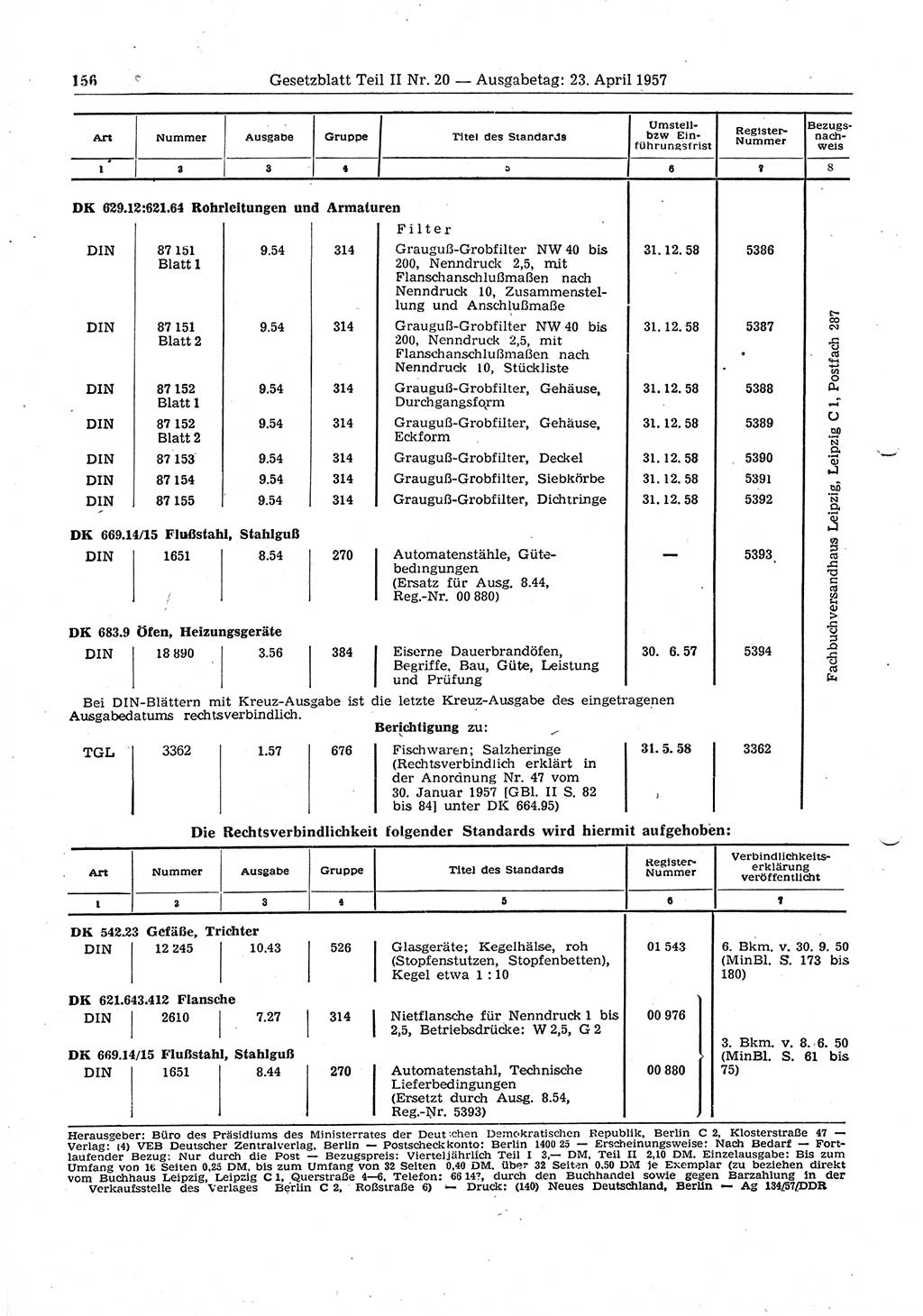 Gesetzblatt (GBl.) der Deutschen Demokratischen Republik (DDR) Teil ⅠⅠ 1957, Seite 156 (GBl. DDR ⅠⅠ 1957, S. 156)