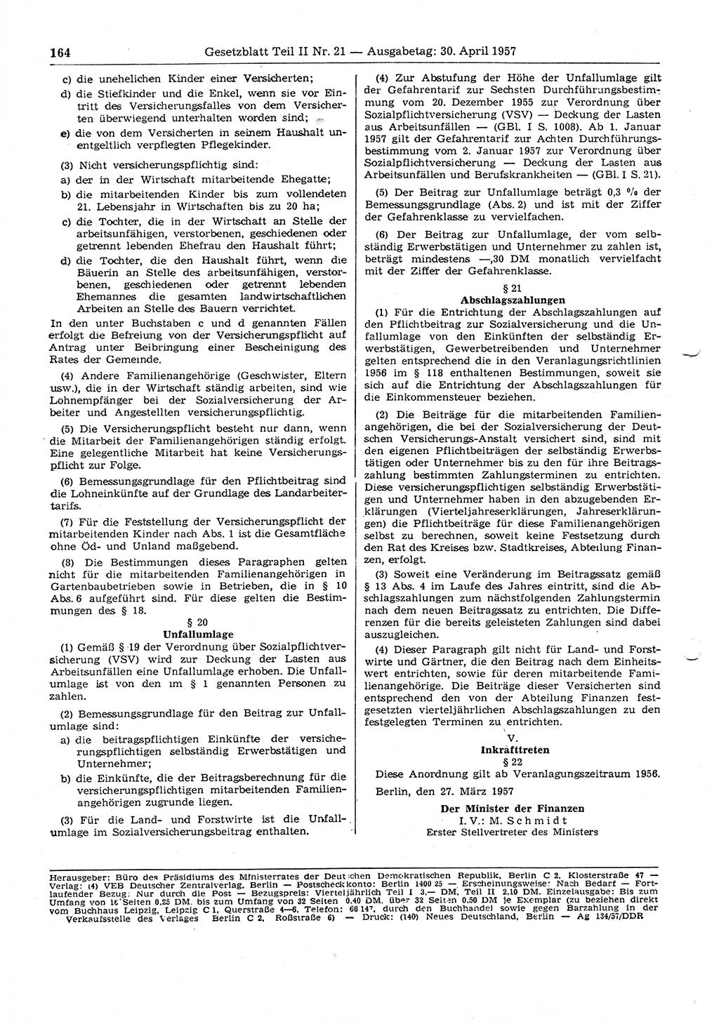 Gesetzblatt (GBl.) der Deutschen Demokratischen Republik (DDR) Teil ⅠⅠ 1957, Seite 164 (GBl. DDR ⅠⅠ 1957, S. 164)