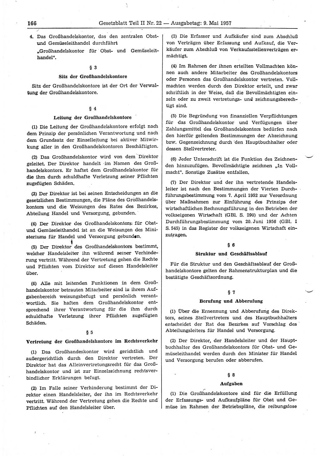 Gesetzblatt (GBl.) der Deutschen Demokratischen Republik (DDR) Teil ⅠⅠ 1957, Seite 166 (GBl. DDR ⅠⅠ 1957, S. 166)