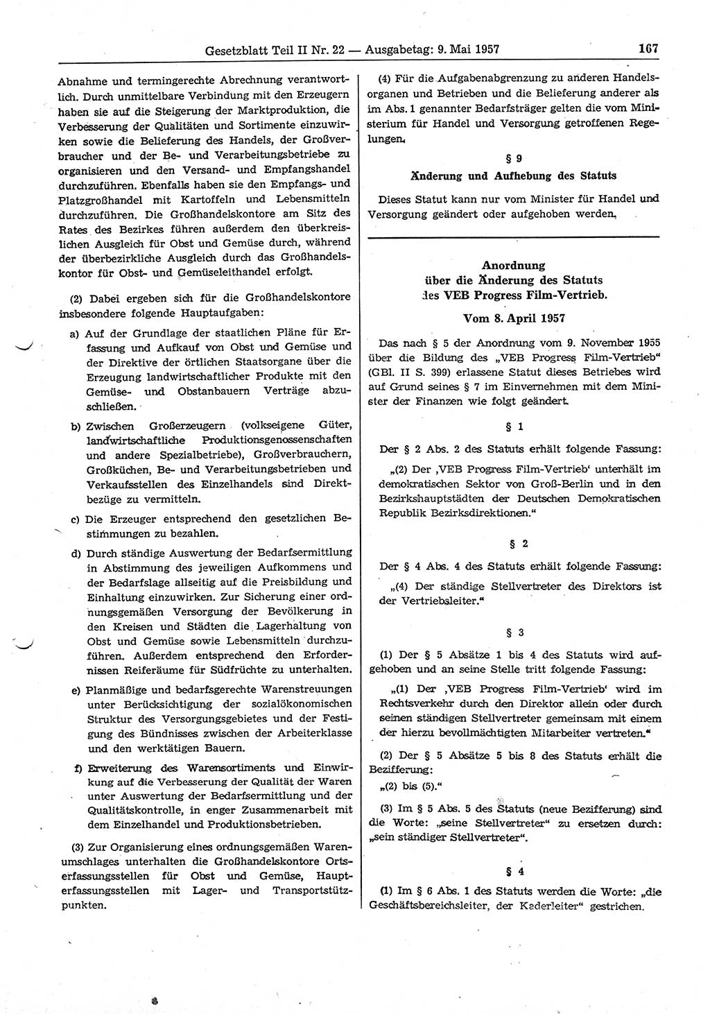 Gesetzblatt (GBl.) der Deutschen Demokratischen Republik (DDR) Teil ⅠⅠ 1957, Seite 167 (GBl. DDR ⅠⅠ 1957, S. 167)