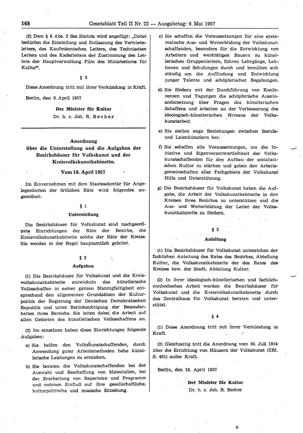 Gesetzblatt (GBl.) der Deutschen Demokratischen Republik (DDR) Teil ⅠⅠ 1957, Seite 168 (GBl. DDR ⅠⅠ 1957, S. 168)