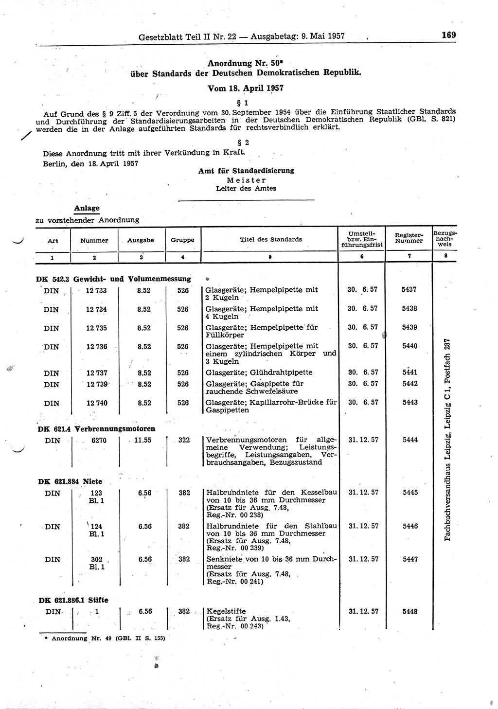 Gesetzblatt (GBl.) der Deutschen Demokratischen Republik (DDR) Teil ⅠⅠ 1957, Seite 169 (GBl. DDR ⅠⅠ 1957, S. 169)