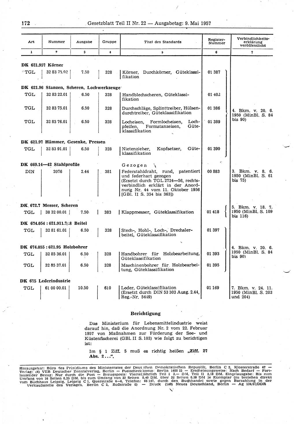 Gesetzblatt (GBl.) der Deutschen Demokratischen Republik (DDR) Teil ⅠⅠ 1957, Seite 172 (GBl. DDR ⅠⅠ 1957, S. 172)
