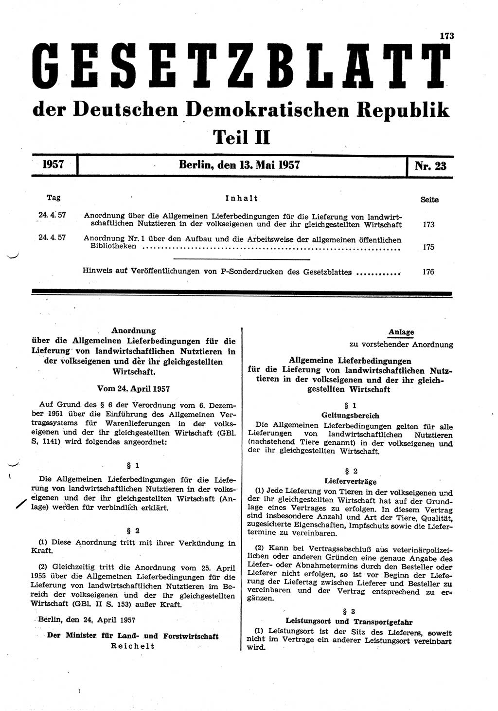 Gesetzblatt (GBl.) der Deutschen Demokratischen Republik (DDR) Teil ⅠⅠ 1957, Seite 173 (GBl. DDR ⅠⅠ 1957, S. 173)