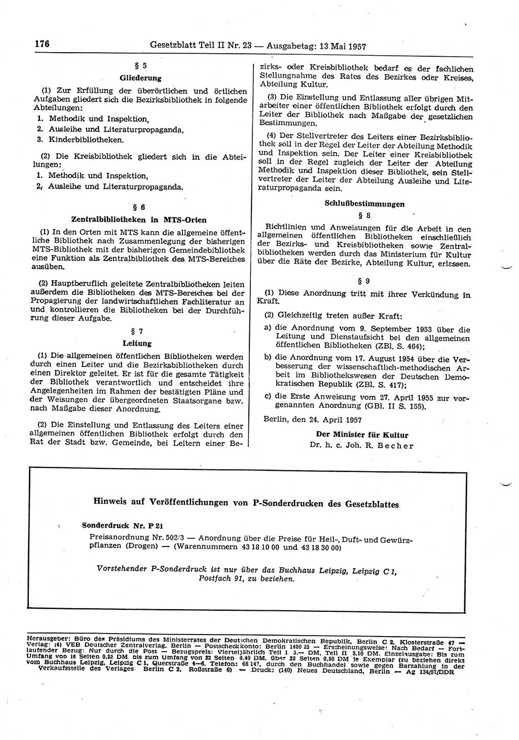 Gesetzblatt (GBl.) der Deutschen Demokratischen Republik (DDR) Teil ⅠⅠ 1957, Seite 176 (GBl. DDR ⅠⅠ 1957, S. 176)