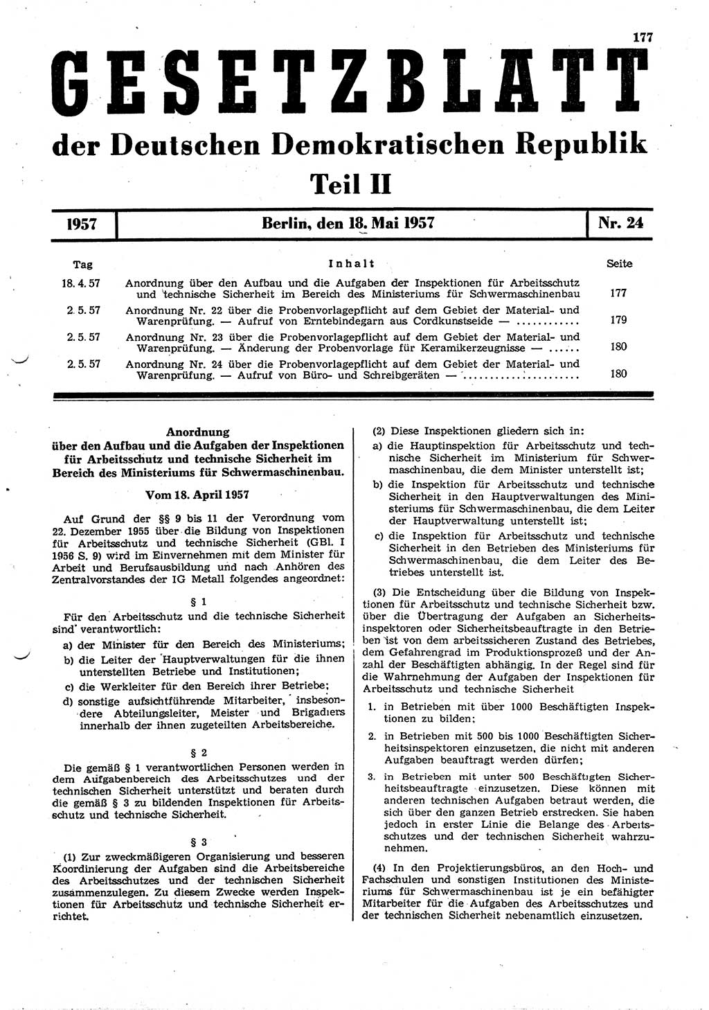 Gesetzblatt (GBl.) der Deutschen Demokratischen Republik (DDR) Teil ⅠⅠ 1957, Seite 177 (GBl. DDR ⅠⅠ 1957, S. 177)