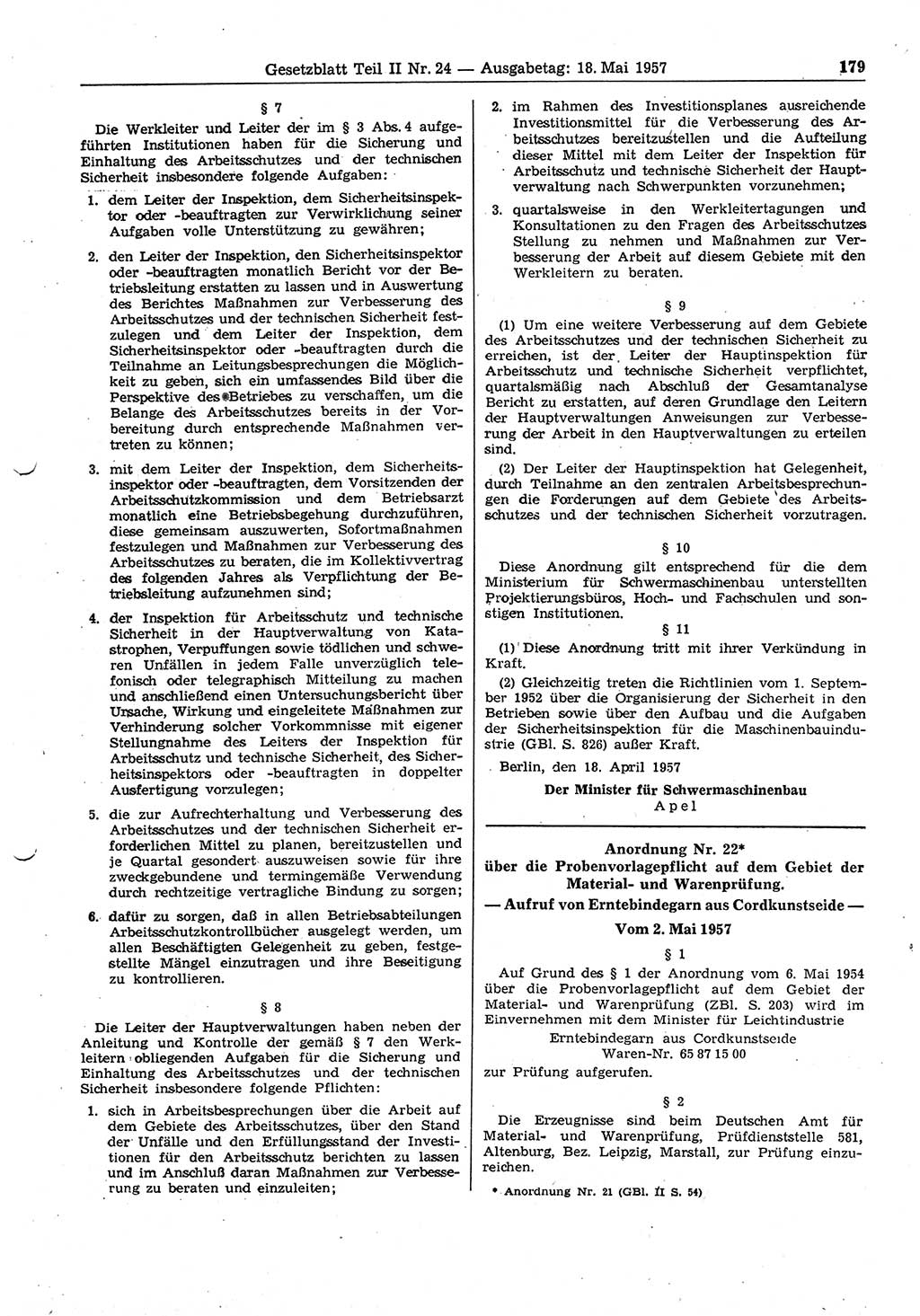 Gesetzblatt (GBl.) der Deutschen Demokratischen Republik (DDR) Teil ⅠⅠ 1957, Seite 179 (GBl. DDR ⅠⅠ 1957, S. 179)