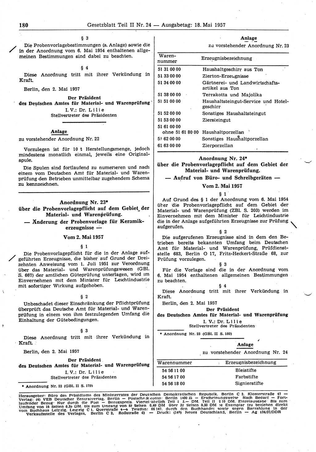 Gesetzblatt (GBl.) der Deutschen Demokratischen Republik (DDR) Teil â… â… 1957, Seite 180 (GBl. DDR â… â… 1957, S. 180)