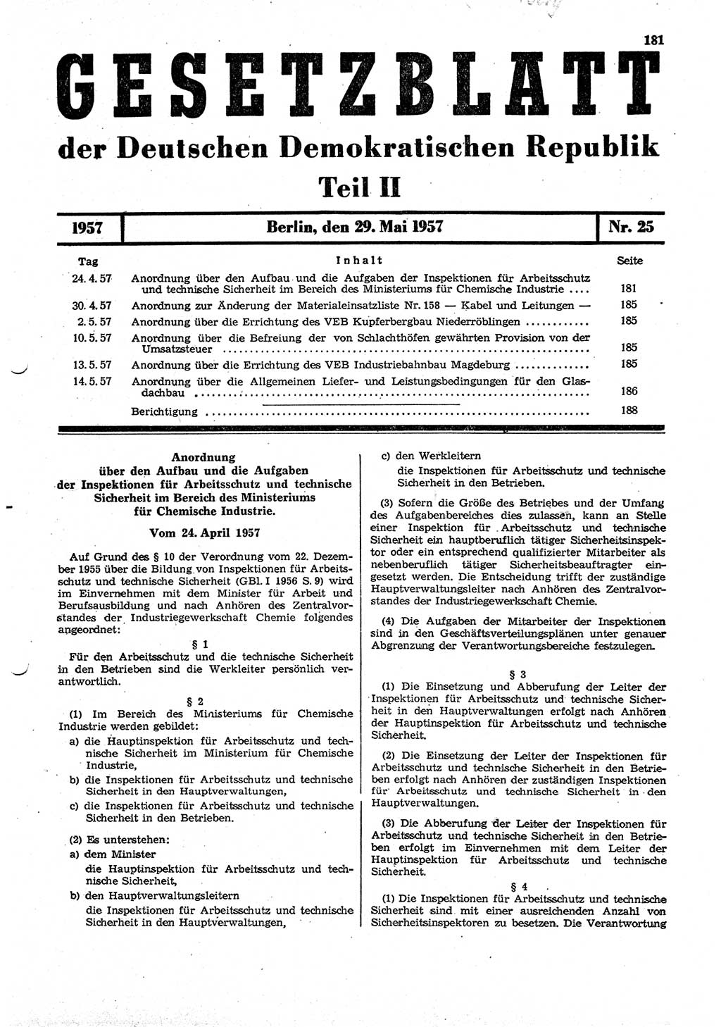 Gesetzblatt (GBl.) der Deutschen Demokratischen Republik (DDR) Teil ⅠⅠ 1957, Seite 181 (GBl. DDR ⅠⅠ 1957, S. 181)