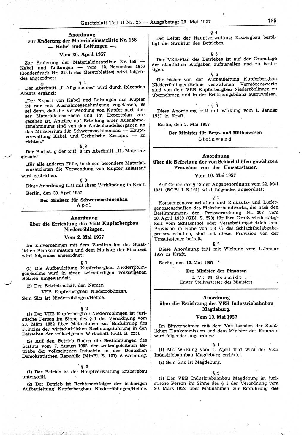 Gesetzblatt (GBl.) der Deutschen Demokratischen Republik (DDR) Teil ⅠⅠ 1957, Seite 185 (GBl. DDR ⅠⅠ 1957, S. 185)