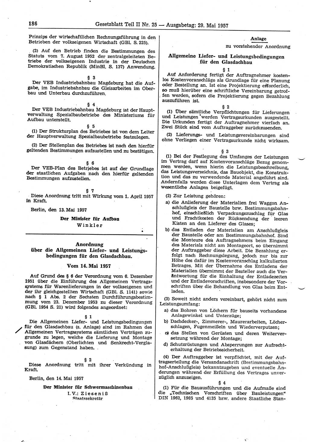 Gesetzblatt (GBl.) der Deutschen Demokratischen Republik (DDR) Teil ⅠⅠ 1957, Seite 186 (GBl. DDR ⅠⅠ 1957, S. 186)