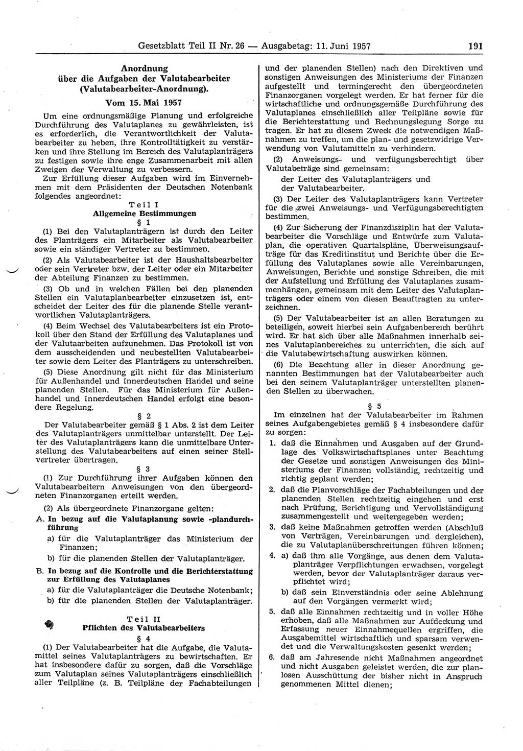 Gesetzblatt (GBl.) der Deutschen Demokratischen Republik (DDR) Teil ⅠⅠ 1957, Seite 191 (GBl. DDR ⅠⅠ 1957, S. 191)