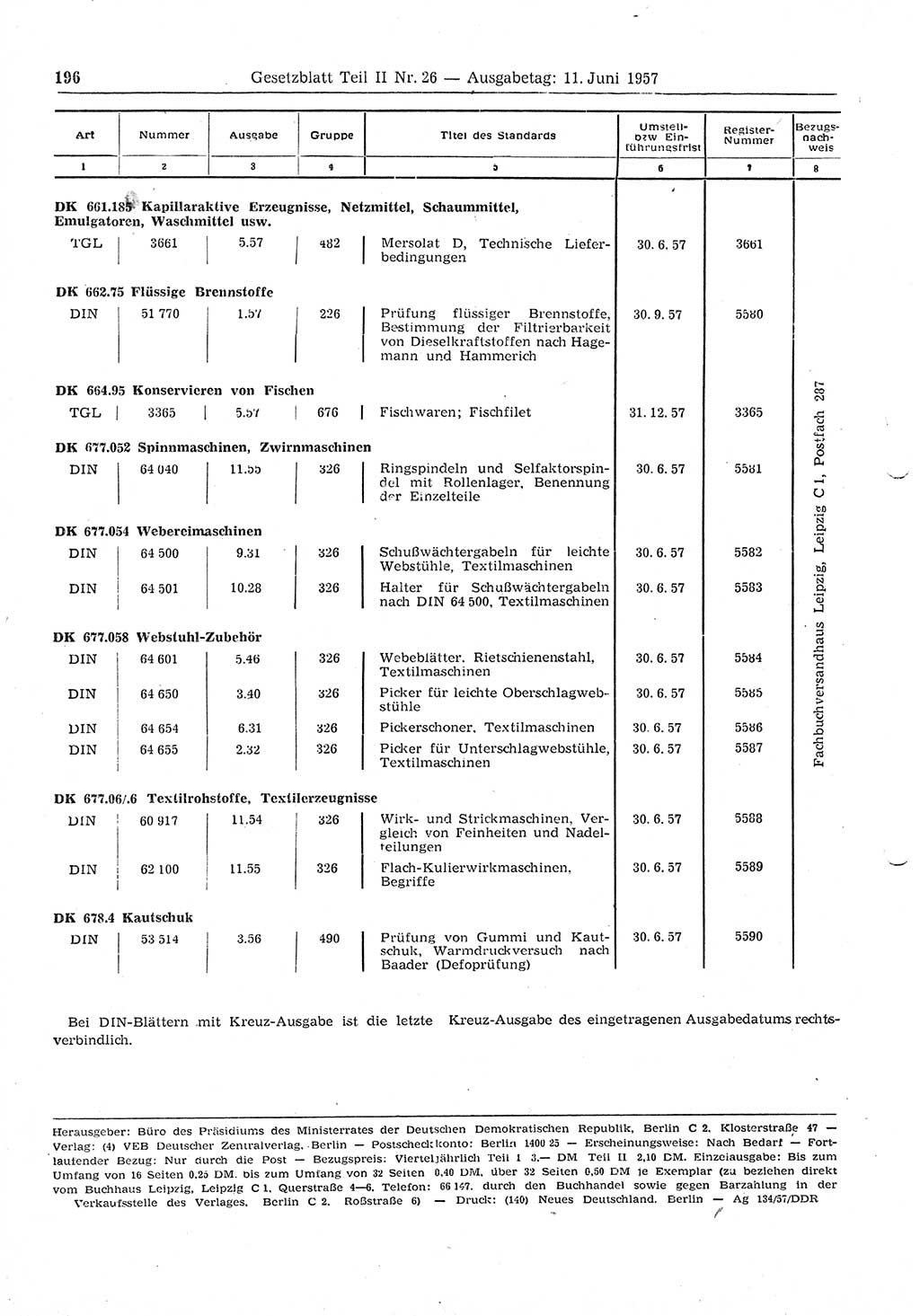 Gesetzblatt (GBl.) der Deutschen Demokratischen Republik (DDR) Teil ⅠⅠ 1957, Seite 196 (GBl. DDR ⅠⅠ 1957, S. 196)